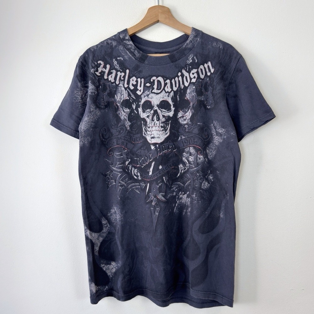 Vintage Y2k Harley Davidson Skull Snake Motorcycle Black Tee Shirt - Medium